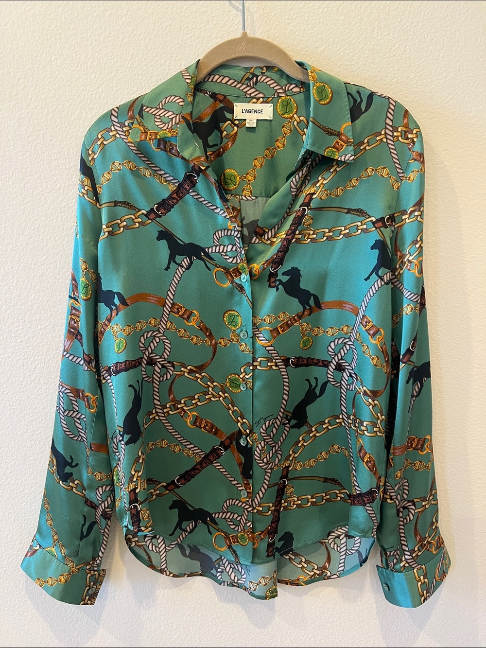 L'AGENCE Green Equestrian & Chain Print Silk Blouse 100% silk
